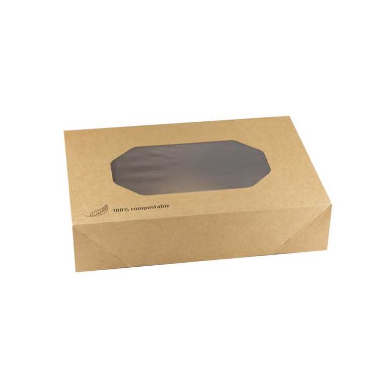 Boite catering carton fenêtre PLA 46x32xh8cm brune